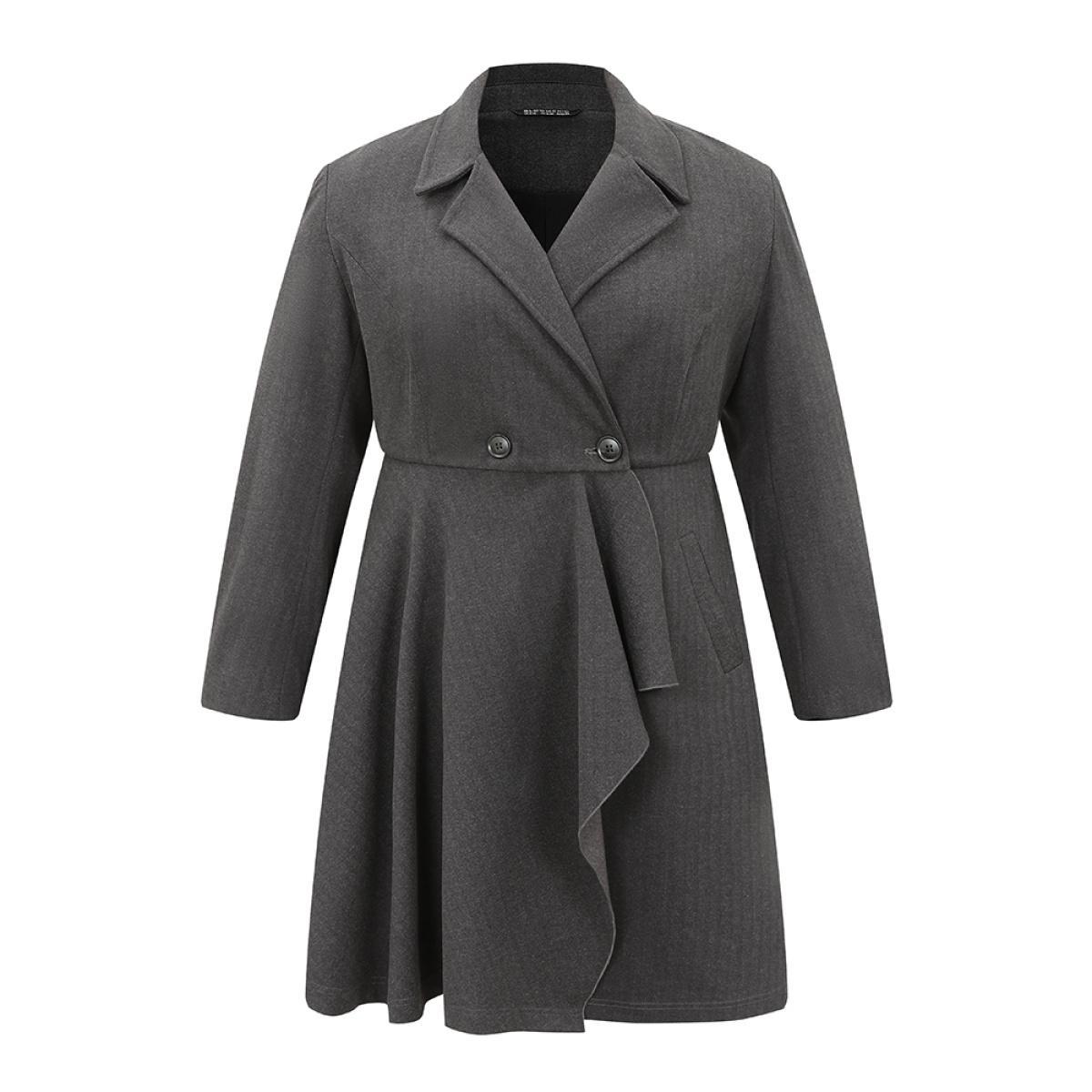 Plus Size Woolen Solid Button Up Ruffle Trim Coat Women Gray Elegant Asymmetrical Ladies Dailywear Winter Coats BloomChic 10/M Product Image