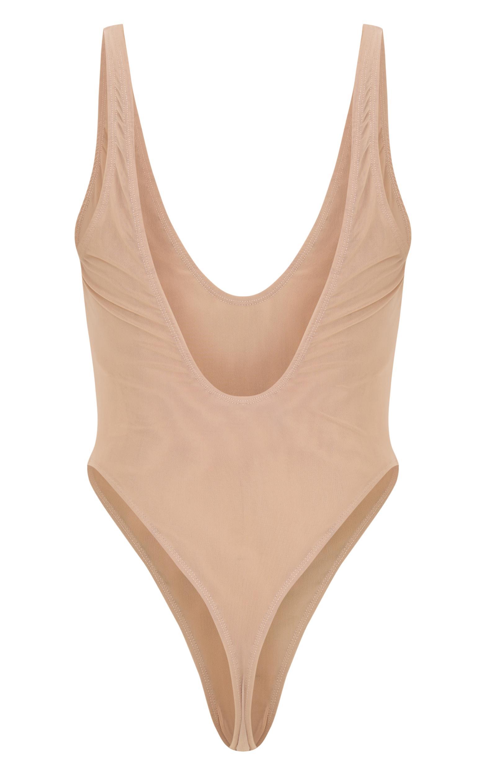 Tan Mesh Plunge Bodysuit Product Image