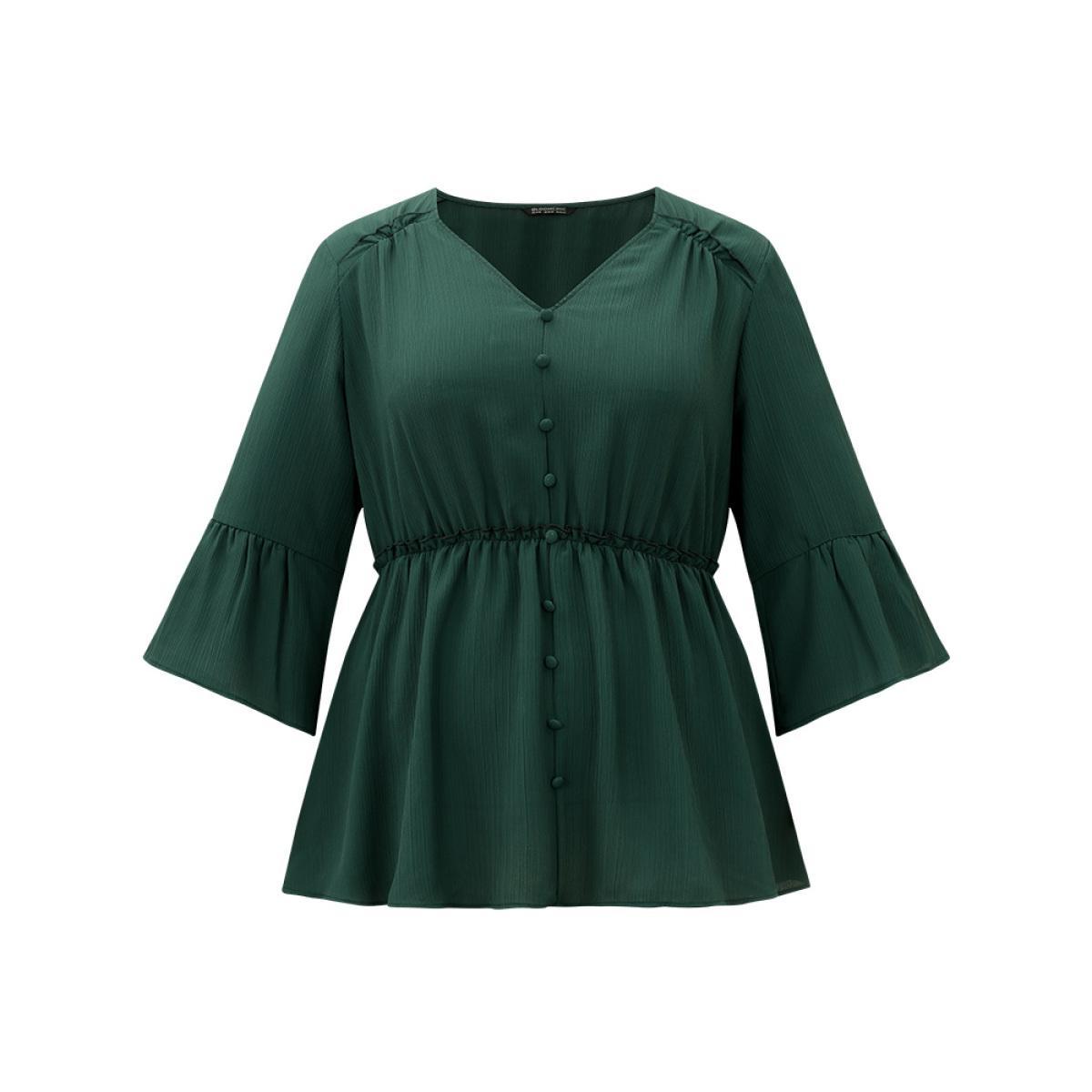 Plus Size DarkGreen Plisse Button Detail Elastic Waist Blouse Women Work From Home Elbow-length sleeve V-neck Work Blouses BloomChic 18-20/2X Product Image
