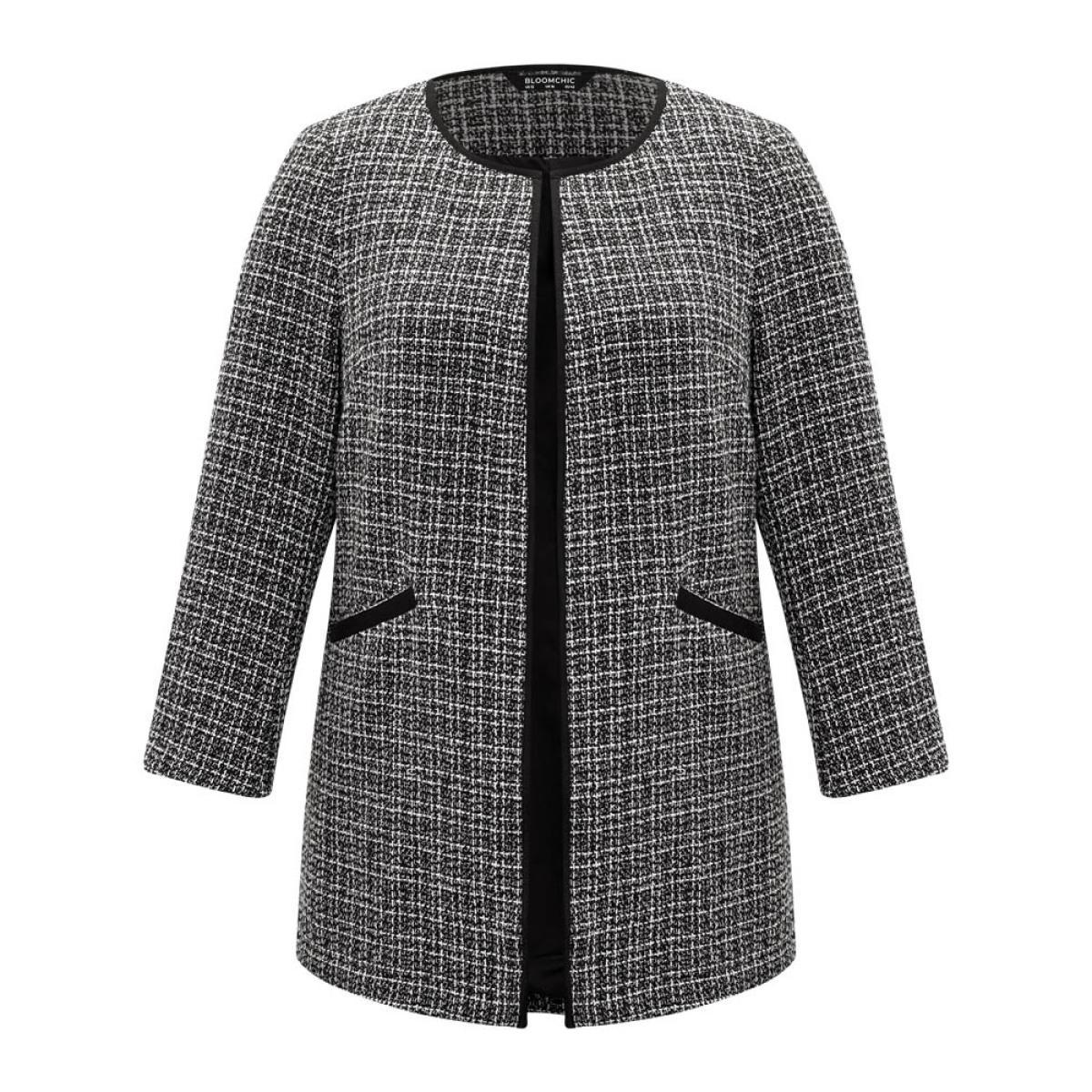 Plus Size Tweed Patchwork Open Front Pocket Coat Women Black Casual Texture Ladies Dailywear Winter Coats BloomChic 10/M Product Image