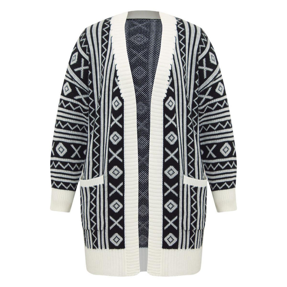 Plus Size Geometric Bandana Contrast Pocket Cardigan Black Women Casual Loose Long Sleeve Dailywear Cardigans BloomChic 30/6X Product Image