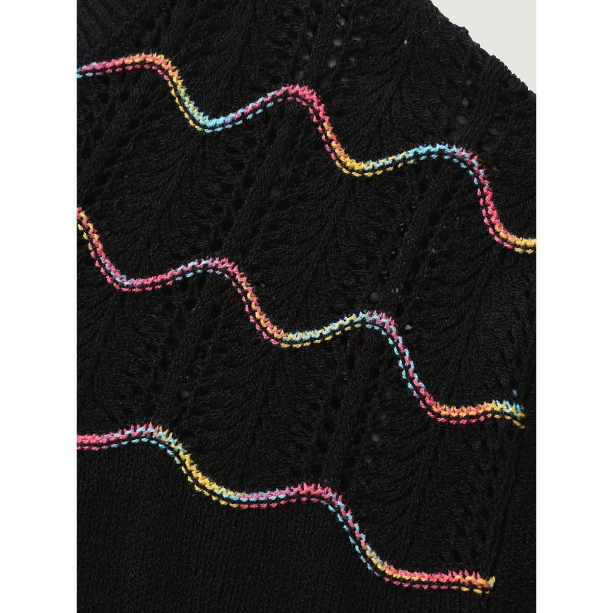 Plus Size Ripple Textured Sheer Neck Backless Pullover Black Women Loose Long Sleeve Round Neck Everyday-Casual Pullovers BloomChic 18-20/2X Product Image