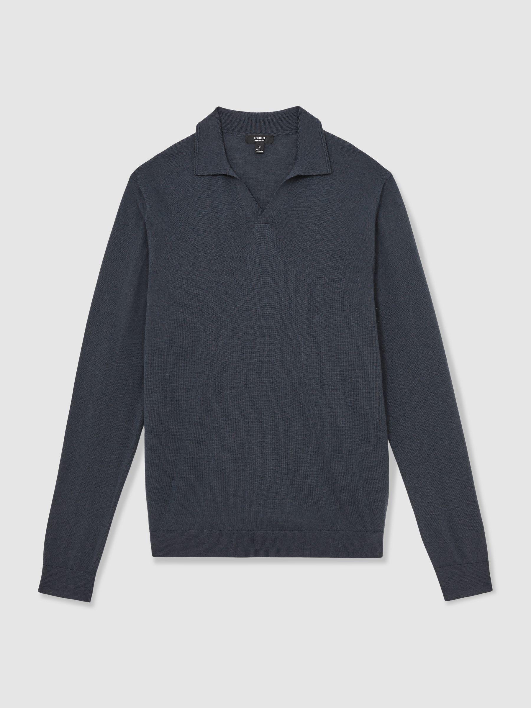 Merino Wool Open-Collar Polo Shirt in Midnight Navy Product Image