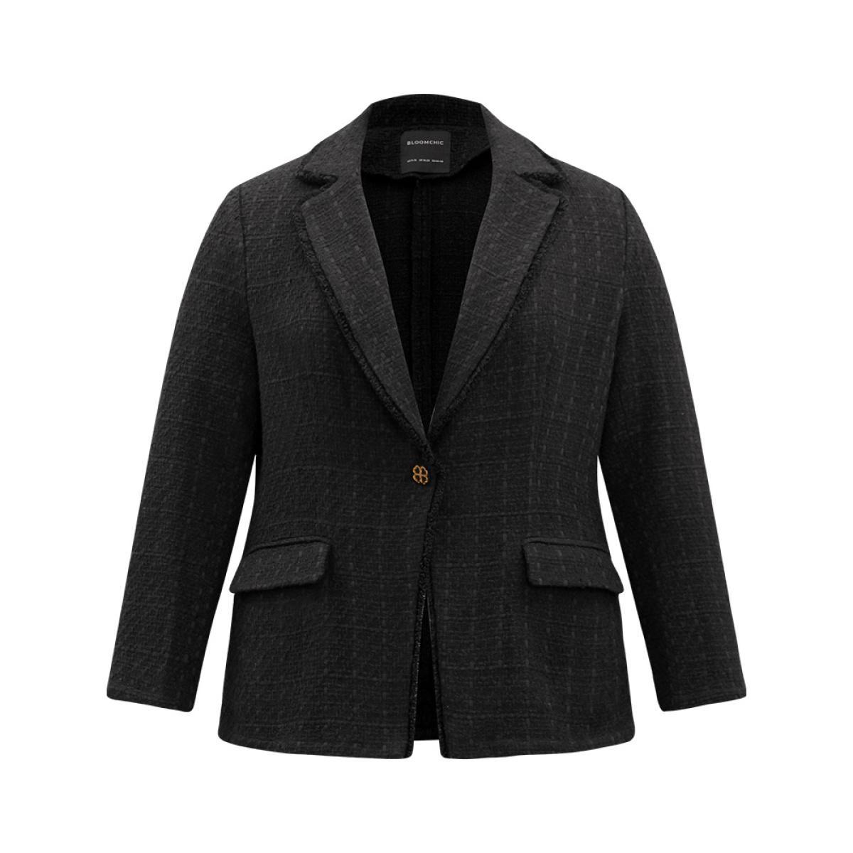 Plus Size Plain Tweed Plisse Pocket Button Through Blazer Black Women Dailywear Plain Texture Sleeve Long Sleeve Suit Collar 28/5X Pocket Elegant Blazers BloomChic Product Image