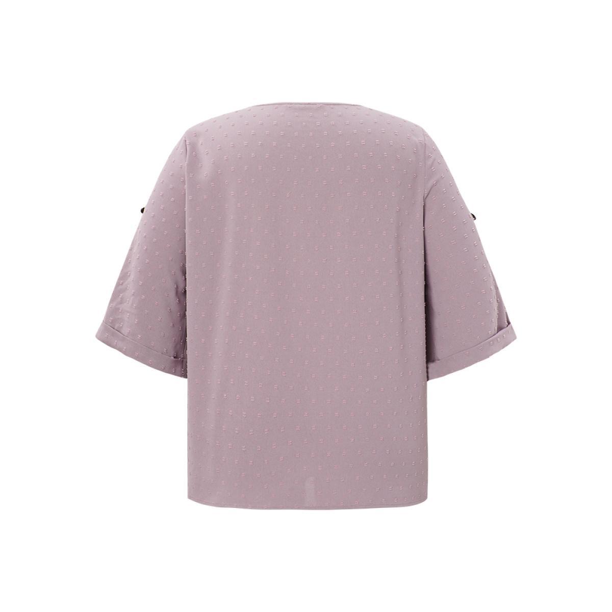 Plus Size Mauve Polka Dot V Neck Button Detail Cuffed Sleeve Blouse Women Office Elbow-length sleeve V-neck Work Blouses BloomChic 22-24/3X Product Image