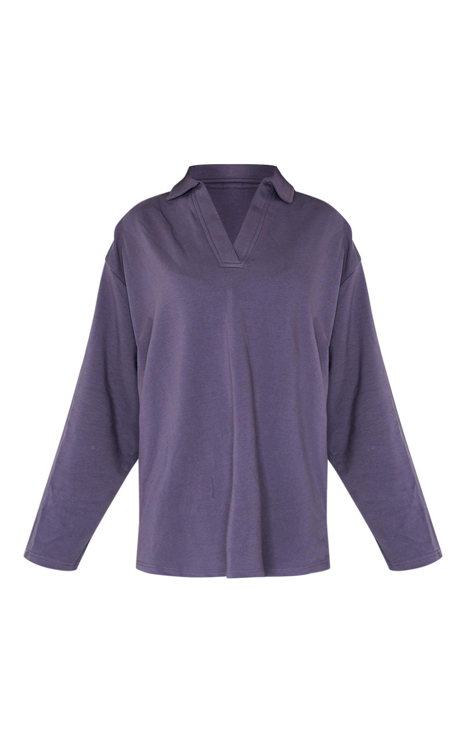 Dark Blue Collar Detail Lightweight Oversized T Shirt Product Image
