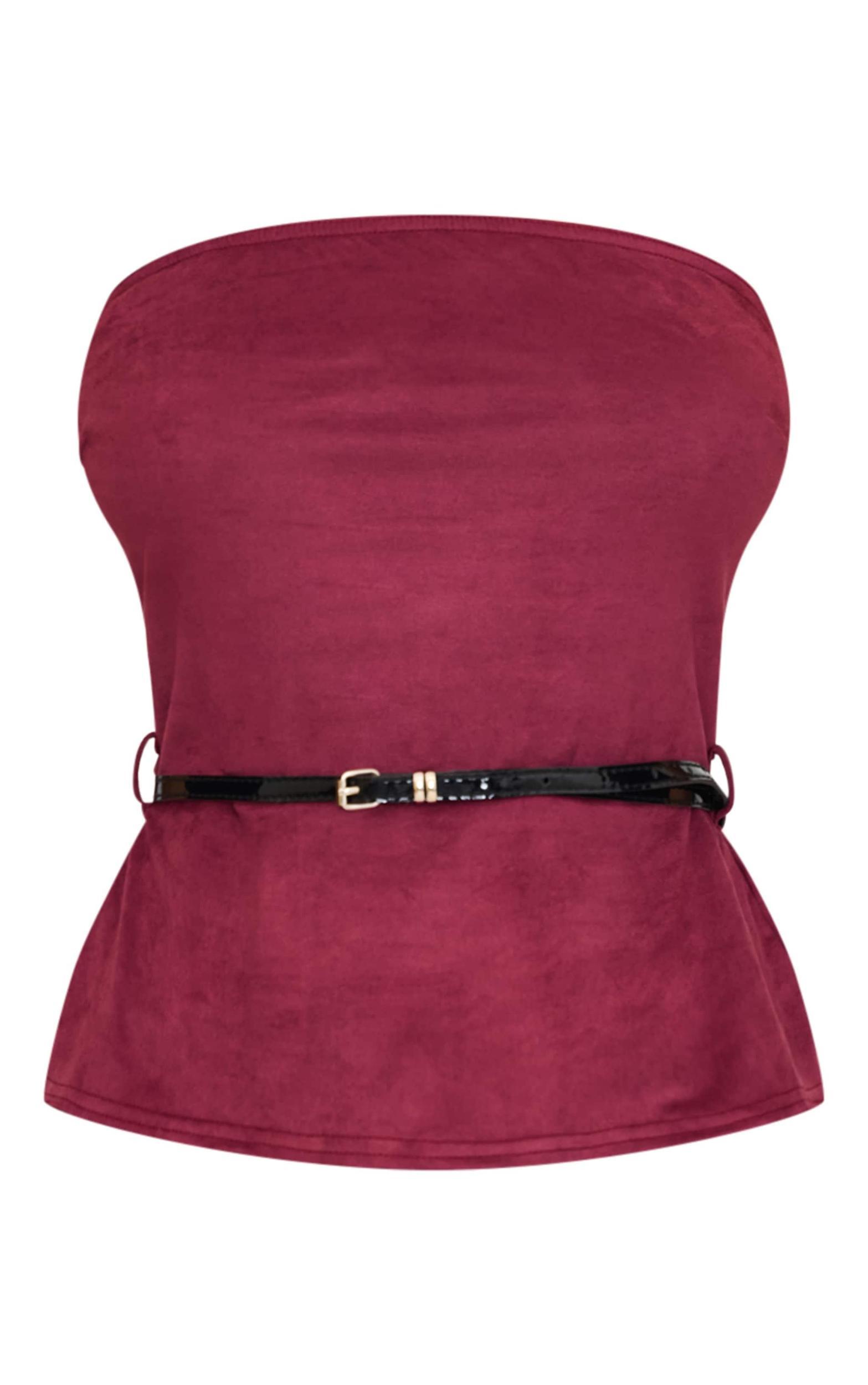 Burgundy Faux Suede Bandeau Belt Detail Long Top Product Image
