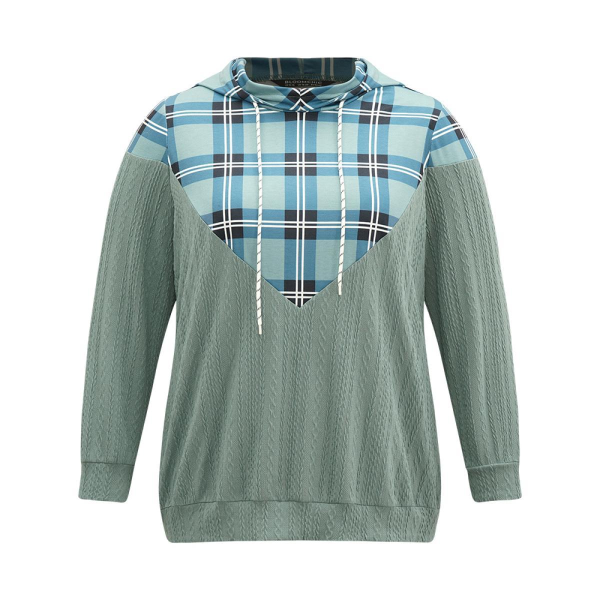 Plus Size Plaid Patchwork Contrast Texture Hooded Sweatshirt Women Mint Casual Texture Hooded Dailywear Sweatshirts BloomChic 30/6X Product Image