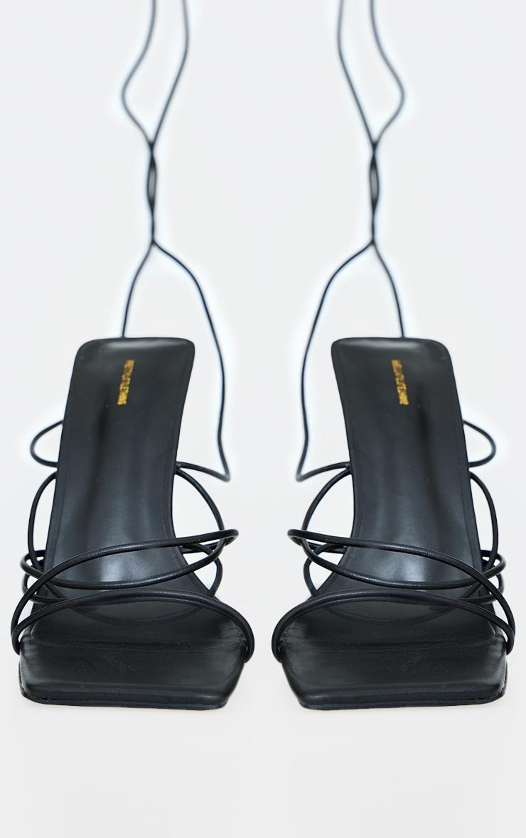 Black Pu Square Toe Strappy Lace Up Heel Sandals Product Image