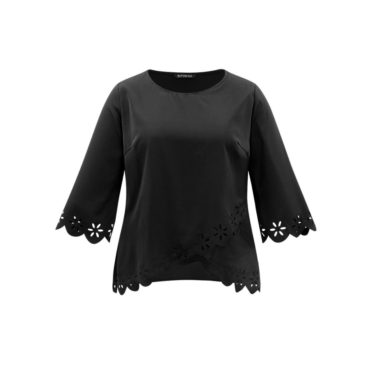 Plus Size Black Plain Laser Cut Crew Neck Scalloped Trim Blouse Women Elegant Elbow-length sleeve Round Neck Party Blouses BloomChic 14-16/1X Product Image