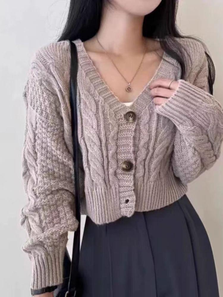 V-Neck Plain Cable Knit Cropped Cardigan Product Image