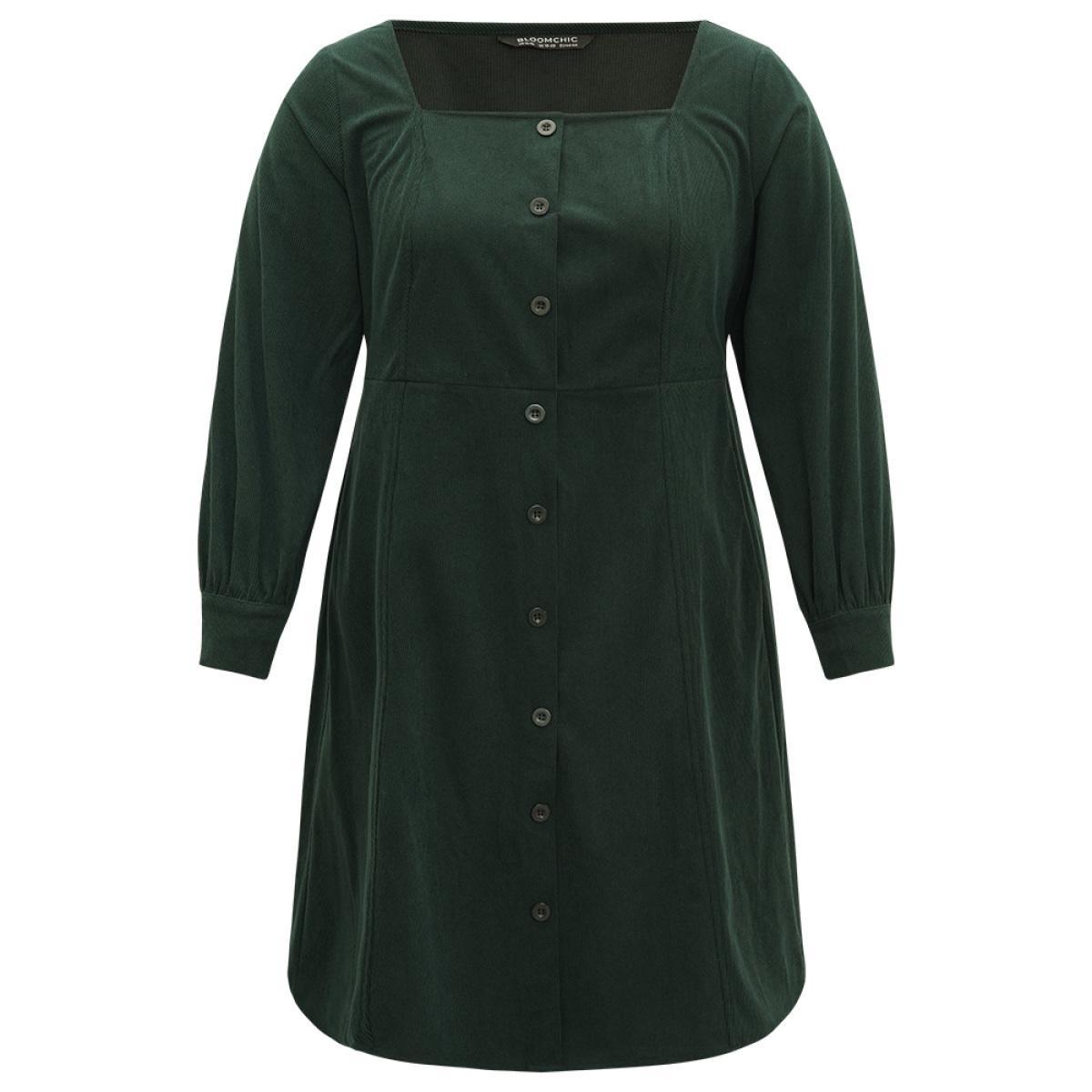 Plus Size Corduroy Plain Pocket Button Detail Dress DarkGreen Women Elegant Gathered Square Neck Long Sleeve Curvy Midi Dress BloomChic 30/6X Product Image