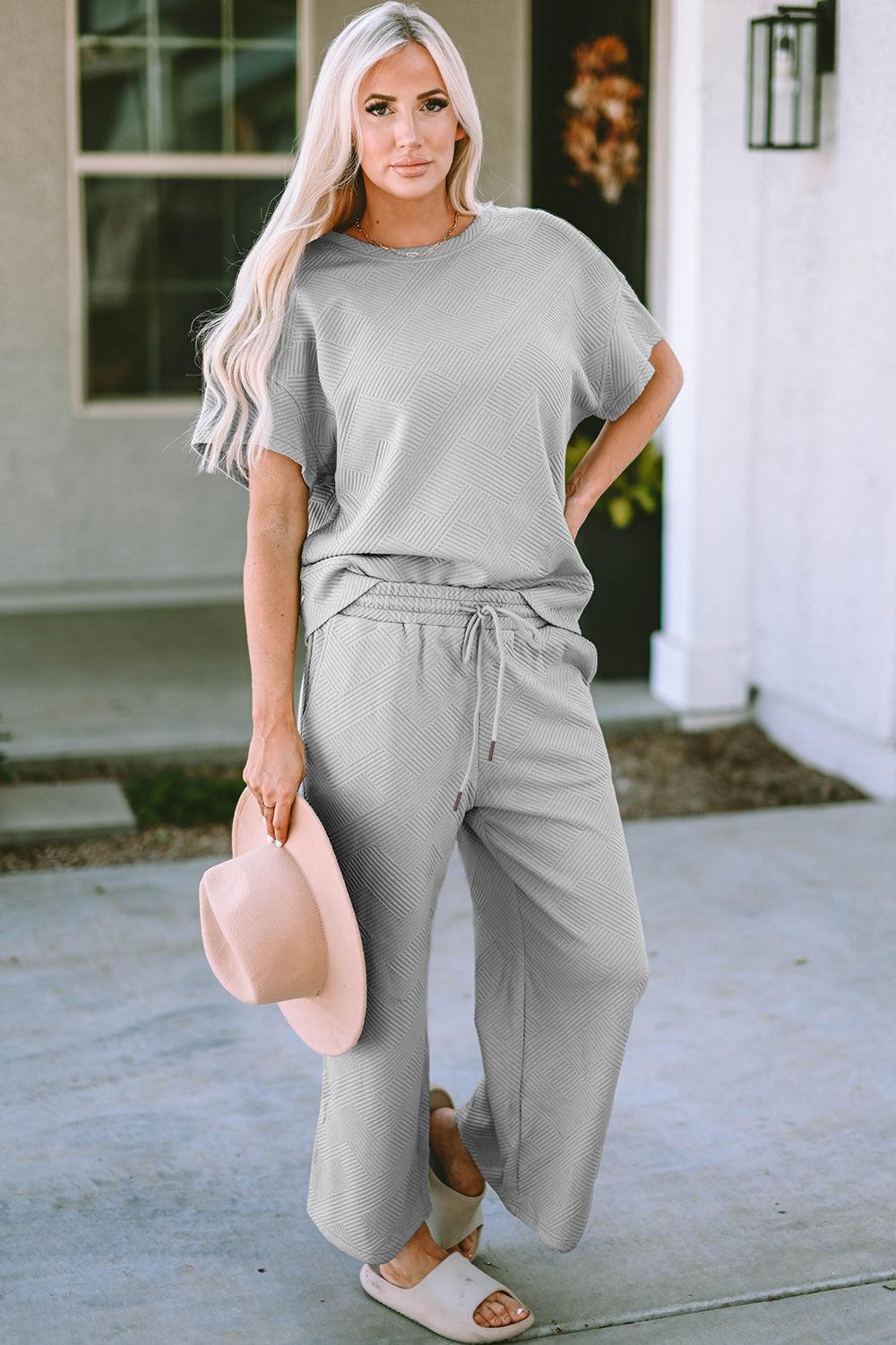 Double Take Full Size Texture Short Sleeve Top and Pants Set Product Image