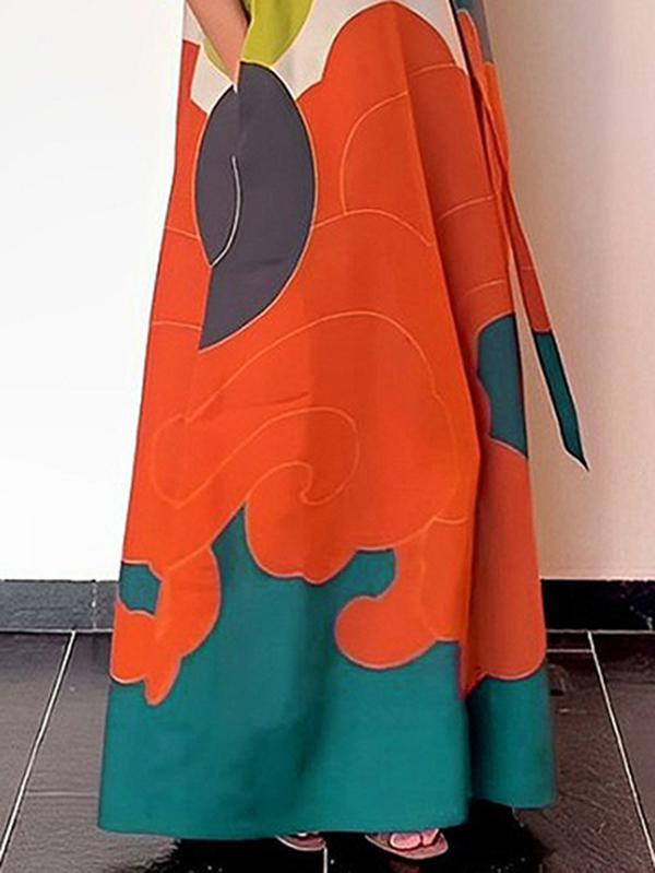Long Sleeves Loose Printed Split-Joint Round-Neck Maxi Dresses Product Image