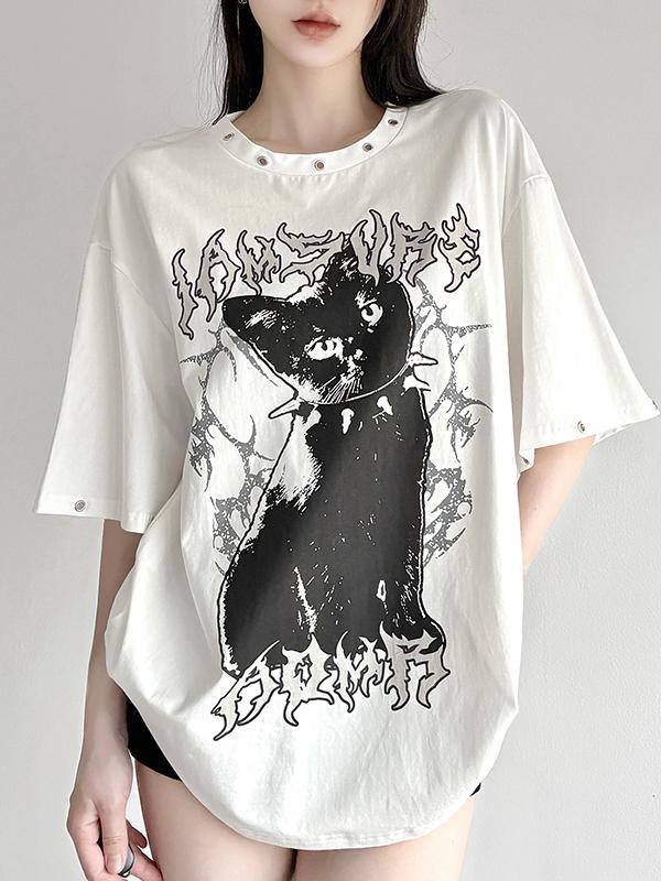 Dark Cat Print Perforated Round Neck Loose T-Shirt Product Image