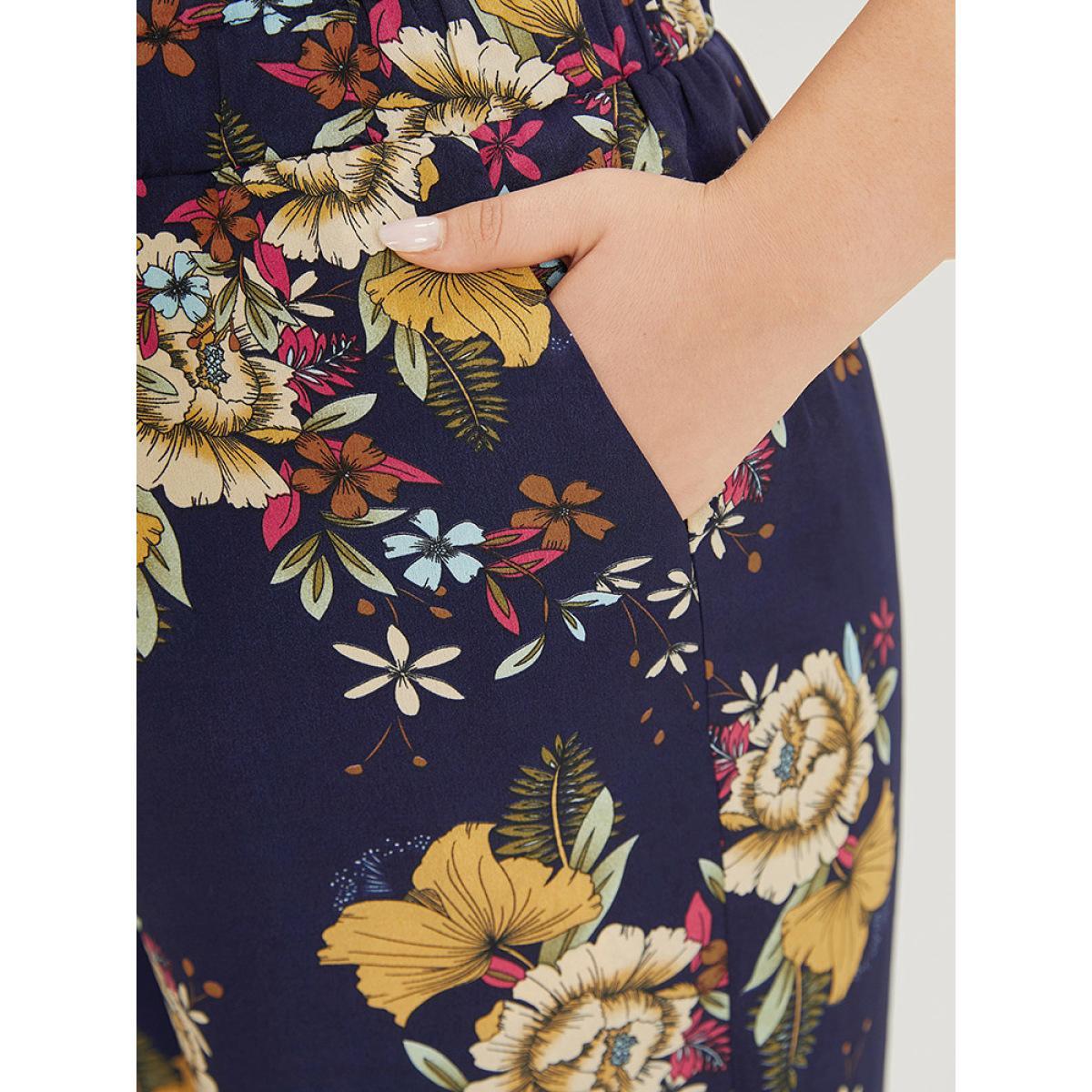 Plus Size Floral Print Pocket Elastic Waist Wide High Rise Pants Women Indigo Elegant Straight Leg High Rise Dailywear Pants BloomChic 18-20/2X Product Image