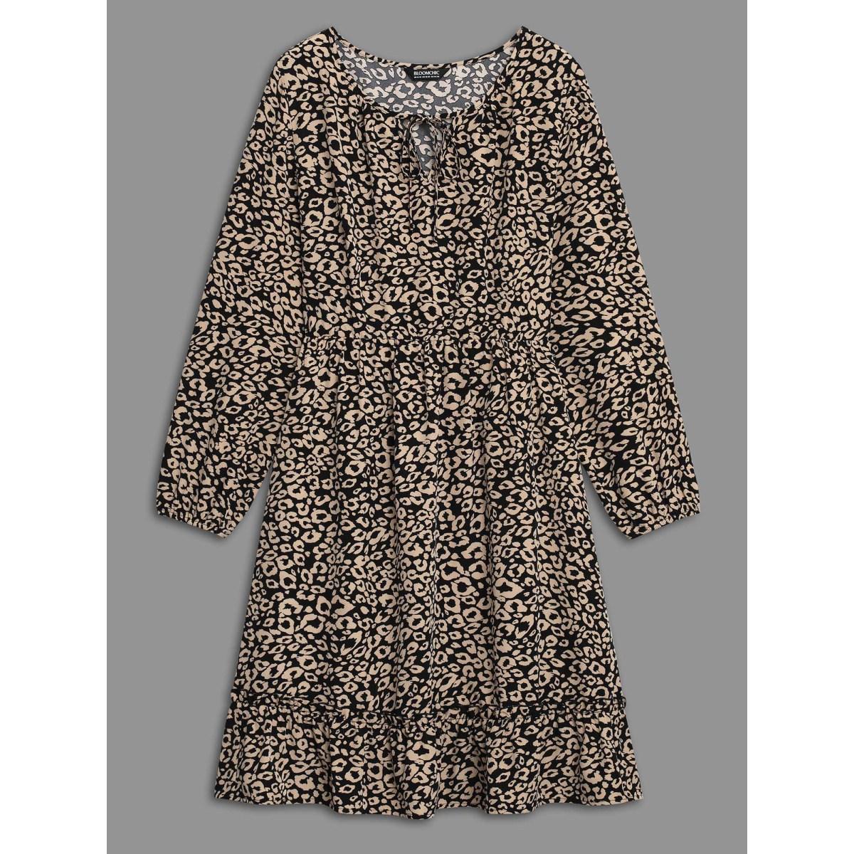Plus Size Leopard Print Tiered Hem Pockets Midi Dress BlackFlower Women Elegant Tie knot V-neck Long Sleeve Curvy BloomChic 12/L Product Image