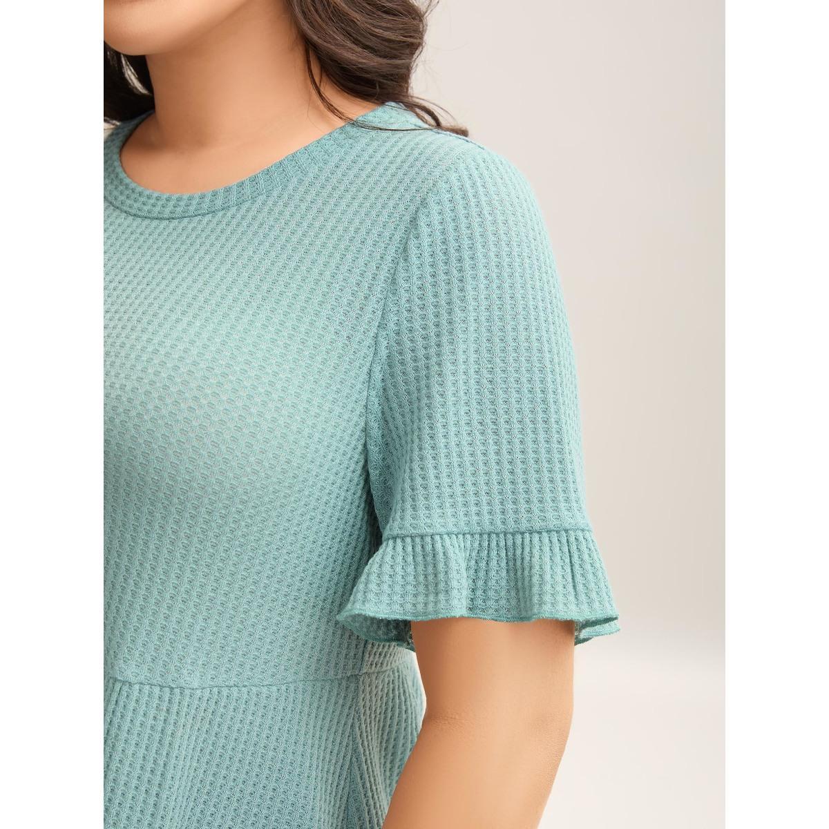 Plus Size Waffle Lotus Leaf Hem T-Shirt Turquoise Women Texture Round Neck Everyday-Casual T-shirts BloomChic 22-24/3X Product Image