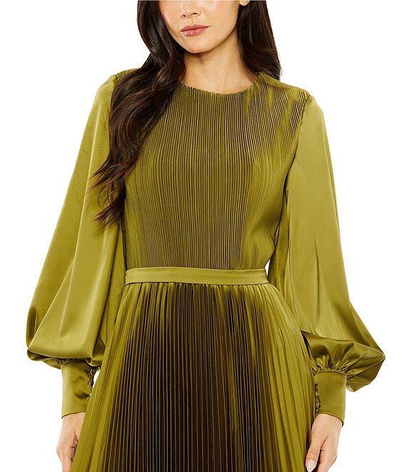 Mac Duggal Pleated Satin Round Neck Long Balloon Sleeve Dress Product Image