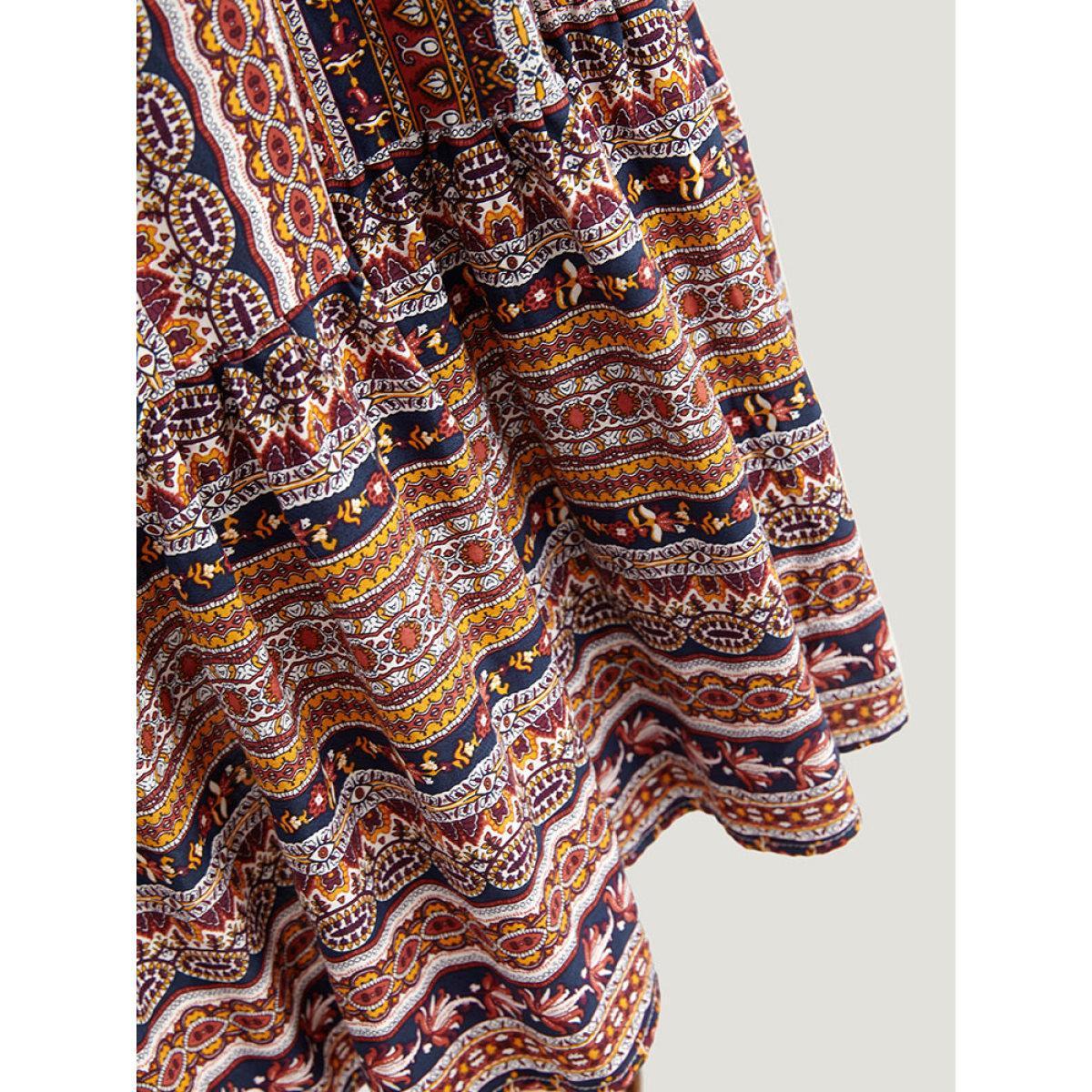 Plus Size Bandana Striped Lantern Sleeve Patchwork Dress DarkBlue Women Vacation Elastic cuffs V-neck Long Sleeve Curvy Midi Dress BloomChic 18-20/2X Product Image