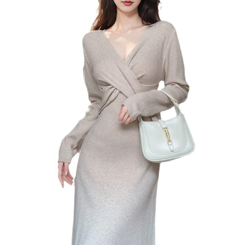 Long Sleeve V-Neck Plain Twist Front Knit Midi A-Line Dress Product Image