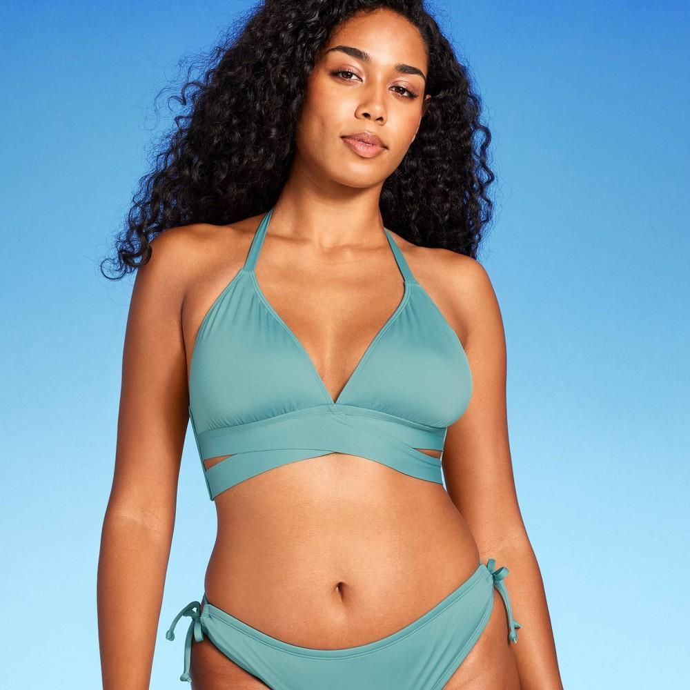 Women's Triangle Bralette Faux Wrap Halter Bikini Top - Shade & Shore™ Dark Green M Product Image