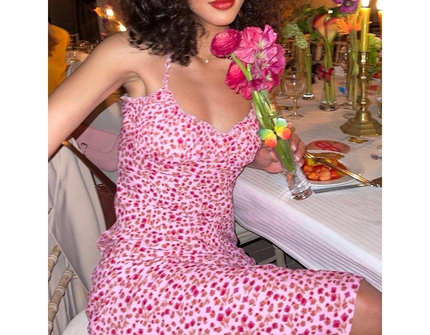 Spaghetti Strap Floral Bodycon Midi Dress Product Image