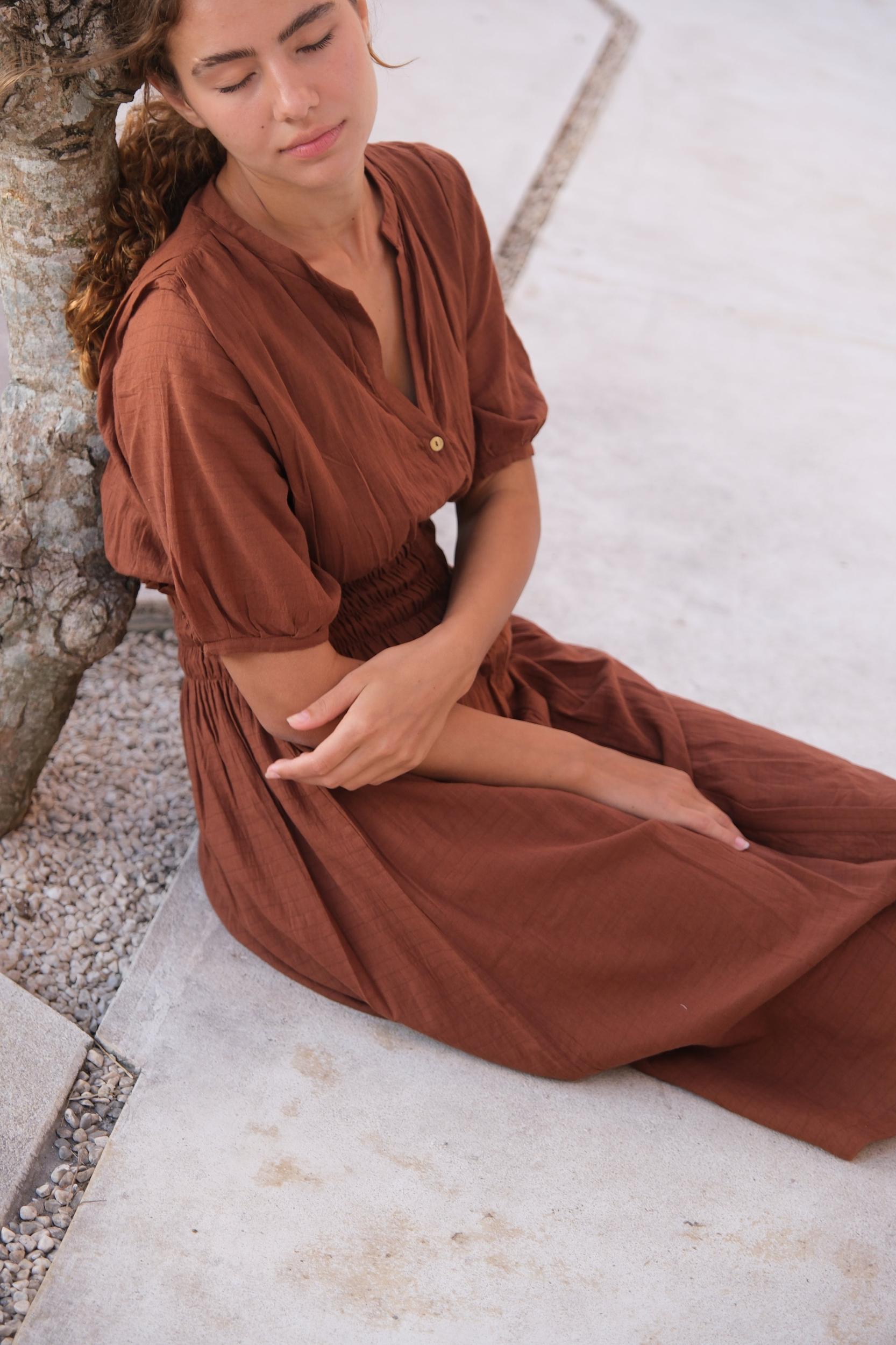 Brown Elasticated Midi Dress Product Image