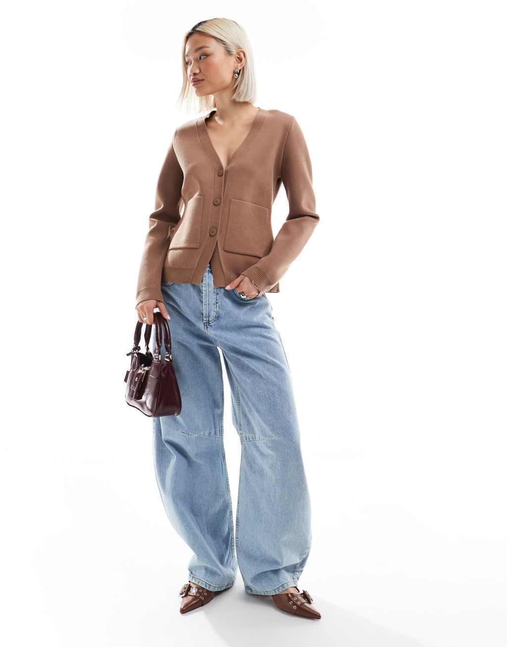 ASOS DESIGN knitted structured v neck cardigan with seam detail in mocha Product Image