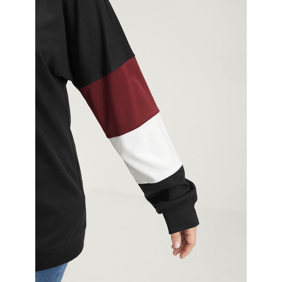 Plus Size Colorblock Patchwork Round Neck Drop Shoulder Sweatshirt Women Black Casual Contrast Round Neck Dailywear Sweatshirts BloomChic 10/M Product Image