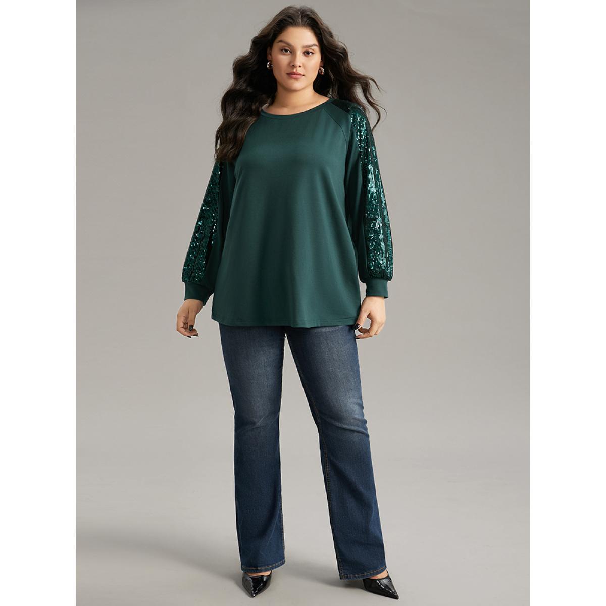 Plus Size Solid Sequin Patchwork Raglan Sleeve Sweatshirt Women DarkGreen Elegant Elastic cuffs Round Neck Dailywear Sweatshirts BloomChic 12/L Product Image