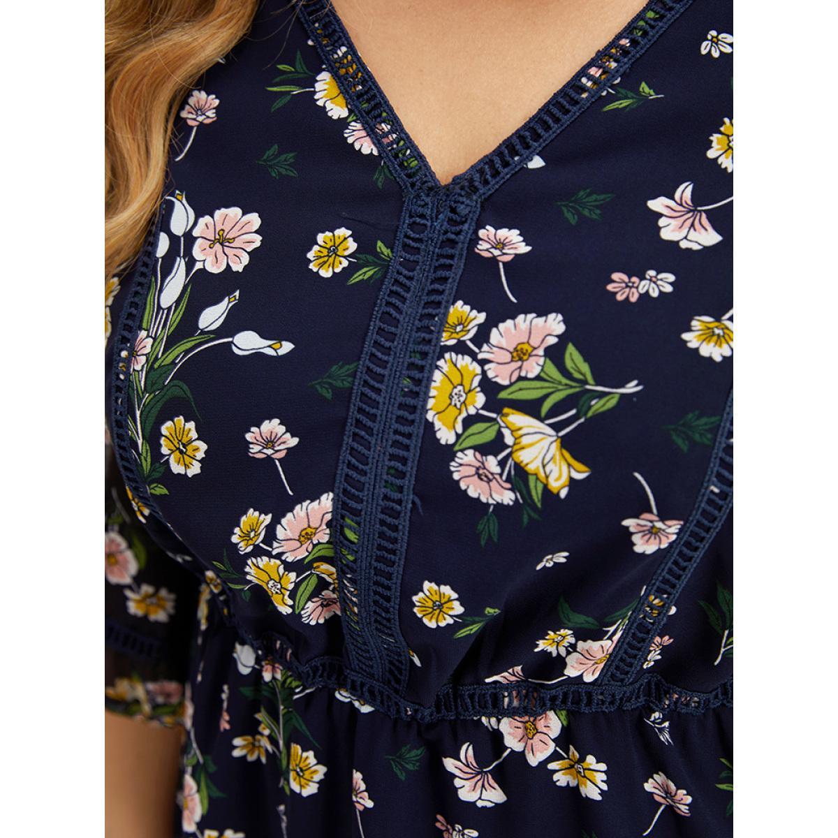 Plus Size Indigo Floral Print V Neck Guipure Lace Mesh Lantern Sleeve Blouse Women Elegant Elbow-length sleeve V-neck Dailywear Blouses BloomChic 10/M Product Image
