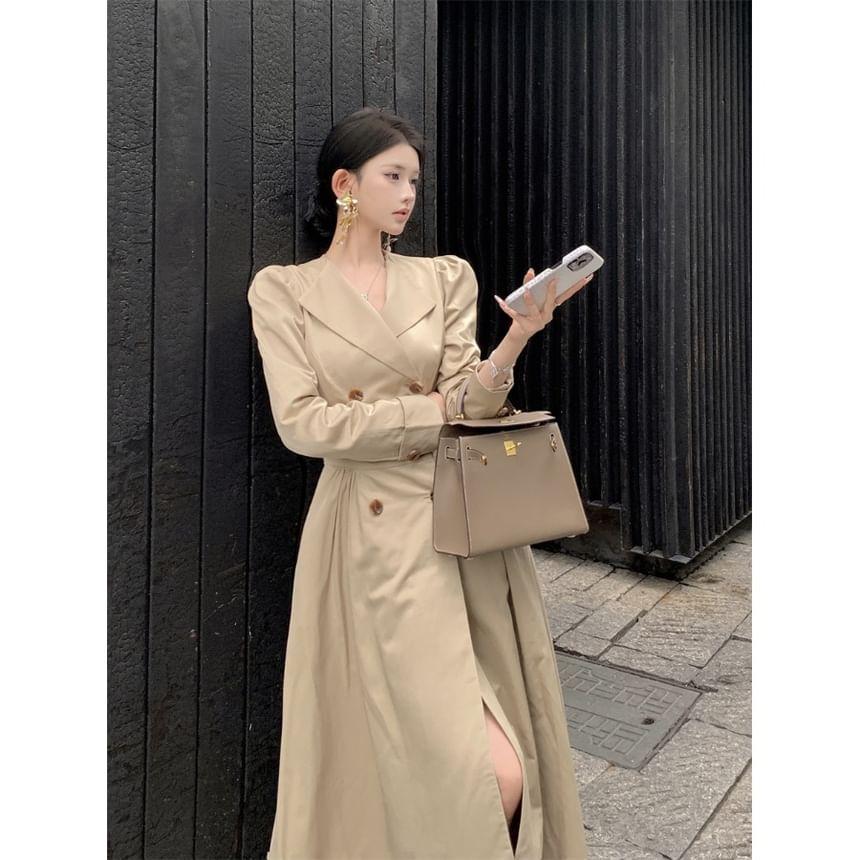Notch Lapel Plain Double-Breasted Midi A-Line Coat Dress Product Image