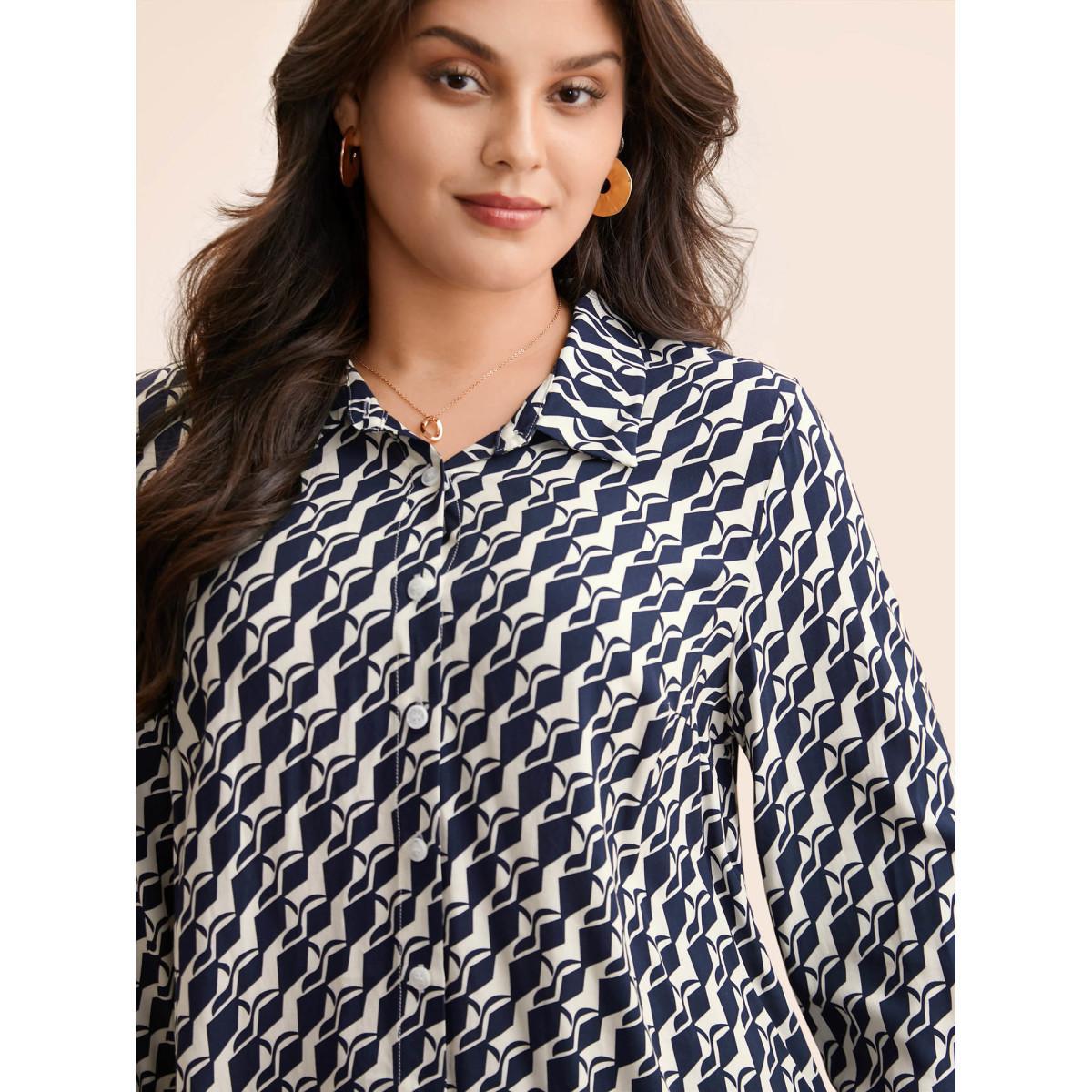 Plus Size Indigo Geometric Shirt Collar Pleated Blouse Women Elegant Long Sleeve Shirt collar Everyday Blouses BloomChic 22-24/3X Product Image