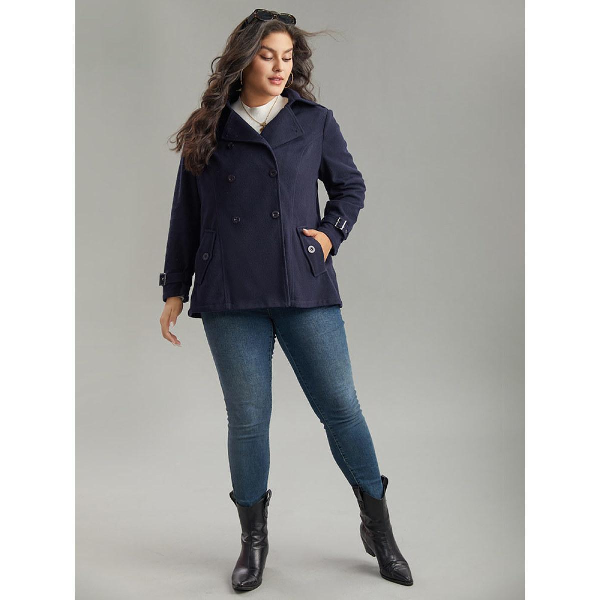 Plus Size Solid Buckle Detail Cuffs Lapel Collar Coat Women Midnight Casual Plain Ladies Everyday Winter Coats BloomChic 26/4X Product Image