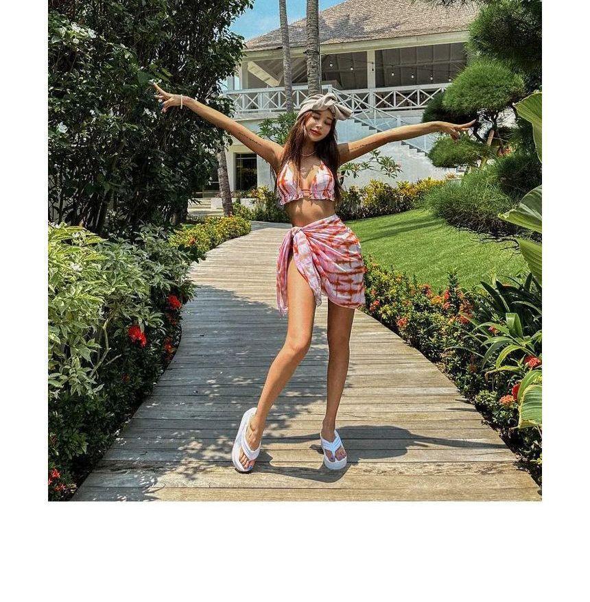 Set: Tie-Dyed Halter Bikini Top + Bottom + Cover-Up Skirt Product Image