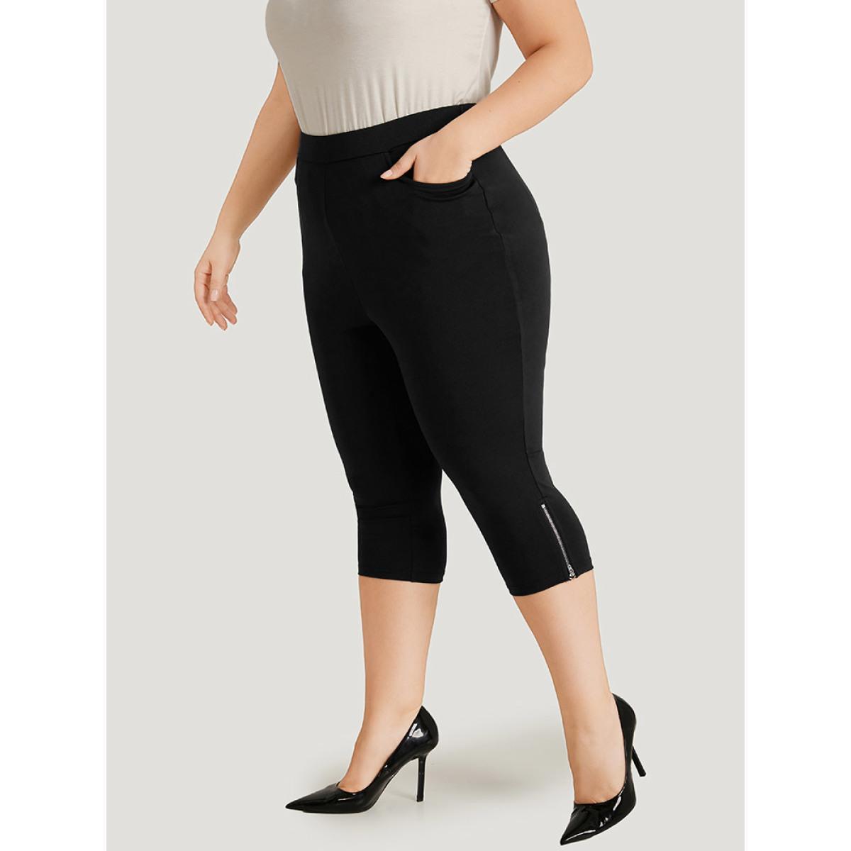 Plus Size Plain Skinny Pocket Zipper Cropped Pants Women Black Office Bodycon High Rise Work Pants BloomChic 12/L Product Image