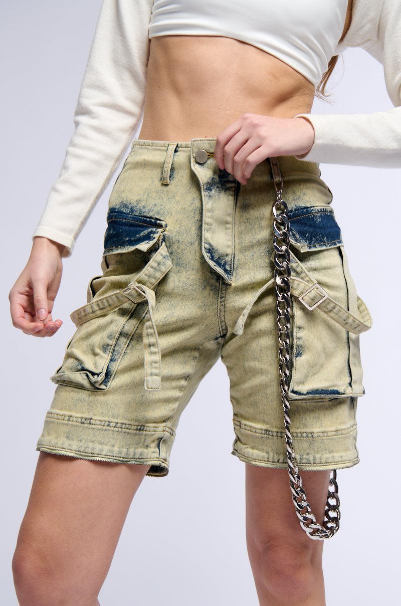 CAPRICE DISTRESSED DENIM CARGO CONVERTIBLE ZIP OFF PANT Product Image