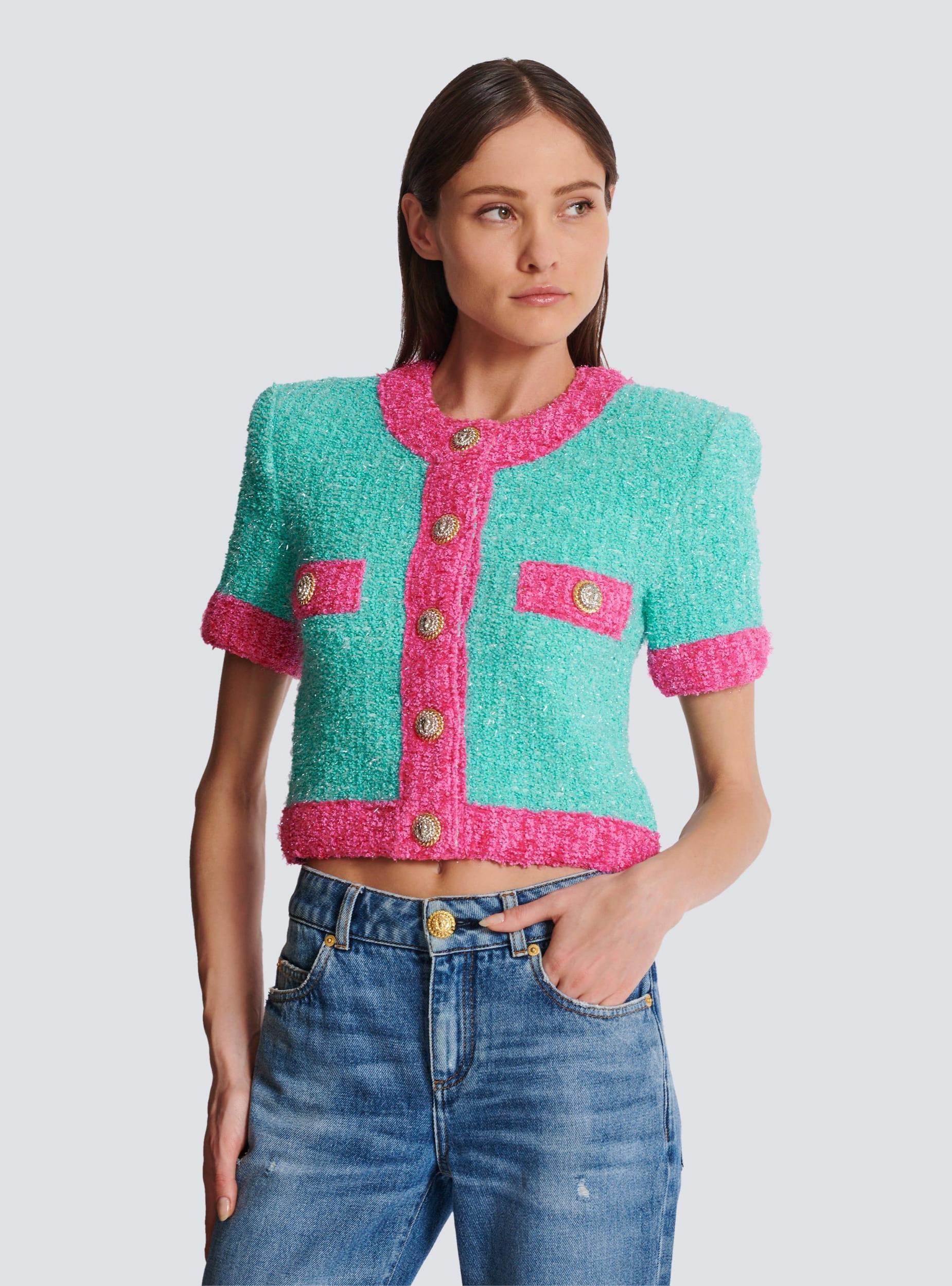 Two-tone cropped knit cardigan Product Image
