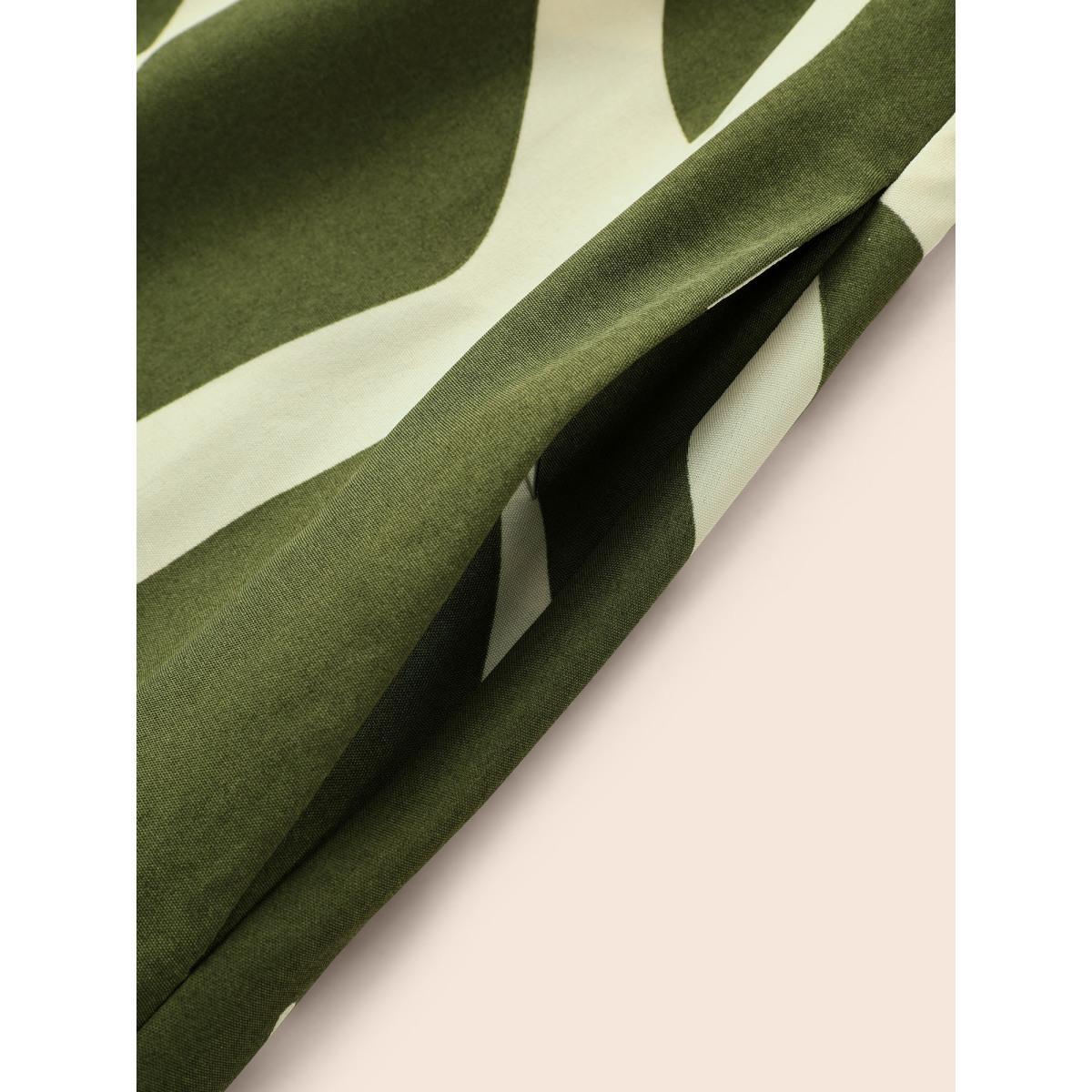 Plus Size Geometric Texture Patchwork Belted Dress ArmyGreen Women Elegant Texture Round Neck Elbow-length sleeve Curvy BloomChic 12/L Product Image