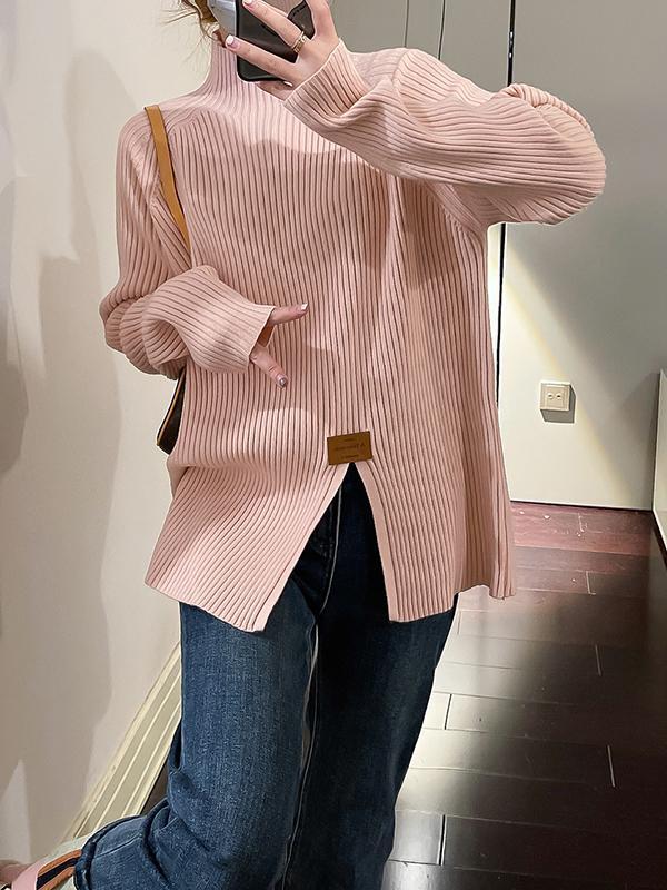 Long Sleeves Loose Split-Front Mock Neck Pullovers Sweater Tops Product Image