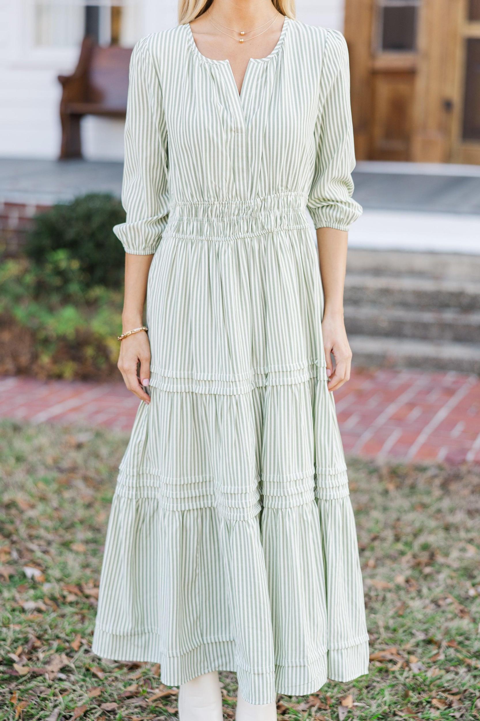 It's In The Air Olive Green Striped 3/4 Sleeve Midi Dress Female Product Image