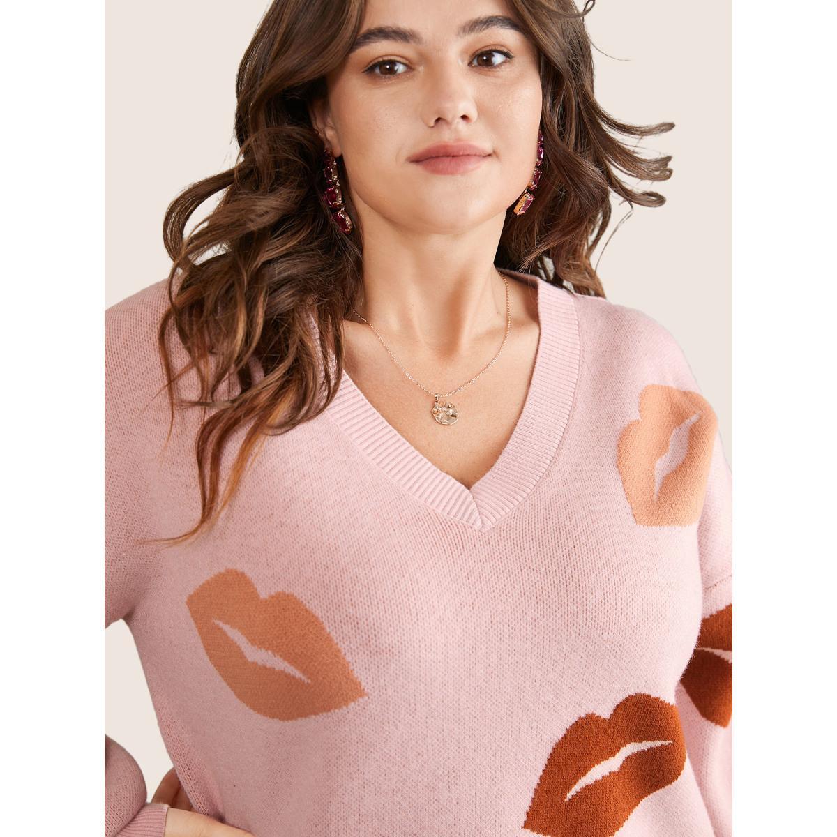 Plus Size Supersoft Essentials Lip Print Split Side Pullover Crepe Women Casual Long Sleeve V-neck Everyday Pullovers BloomChic 12/L Product Image