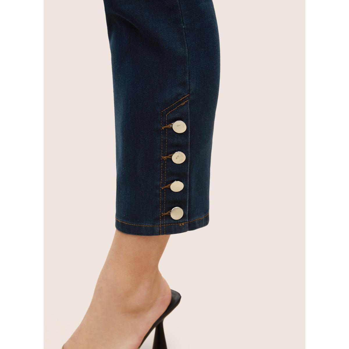 Plus Size Black Wash Button Detail Elastic Wais Slim Jeans Women Denimindigo Elegant Plain Non High stretch Pocket Jeans BloomChic 22/3X Product Image