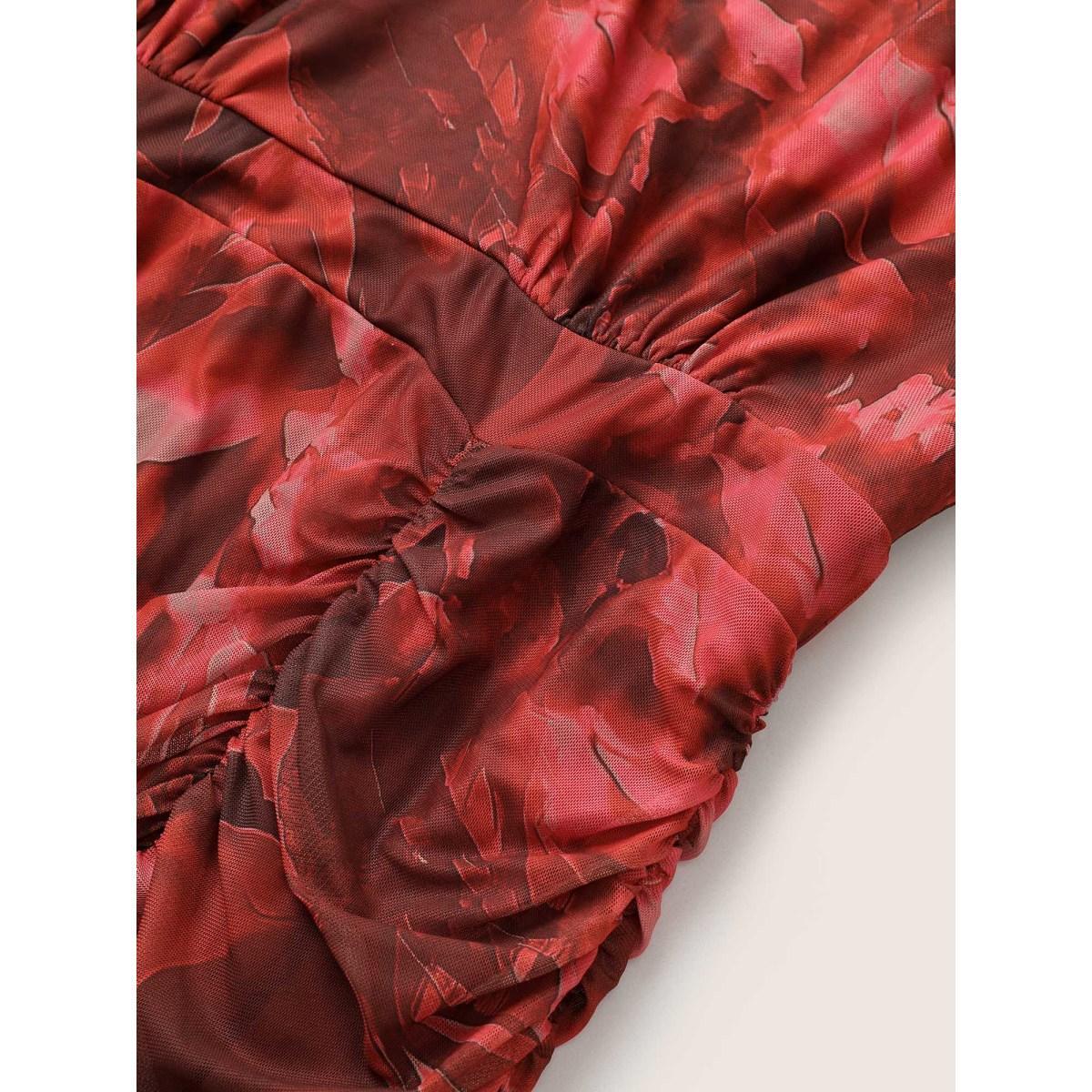 Plus Size Floral Print Pocket Ruched Hem Dress Raspberry Women Elegant Gathered V-neck Long Sleeve Curvy Midi Dress BloomChic 12/L Product Image