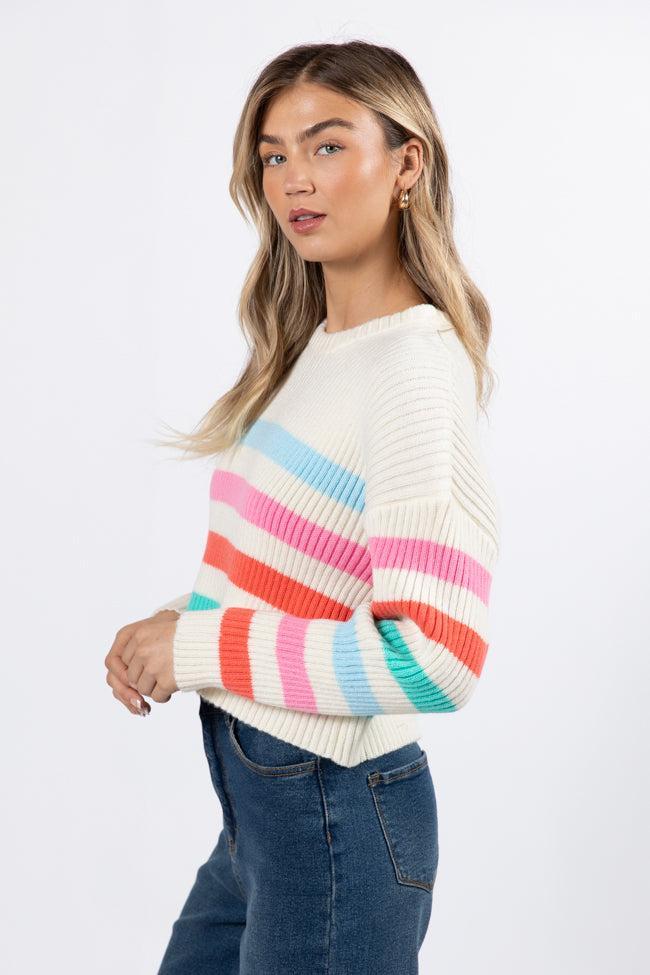 I'm Just Thinking Multi Color Stripe Hem Crew Neck Sweater FINAL SALE Product Image
