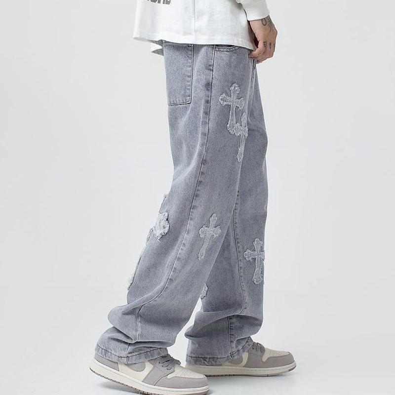 Men's Stylish Cross Cross Patch Street Jeans Product Image