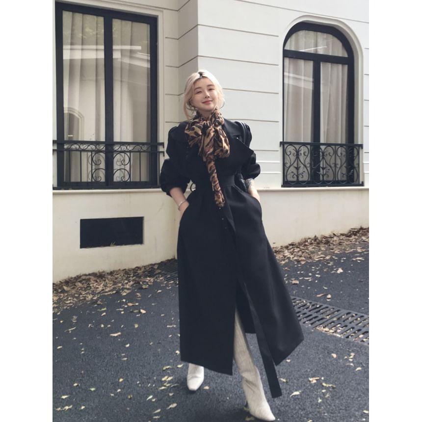 Lapel Collar Plain Belted Midi Trench Coat Product Image
