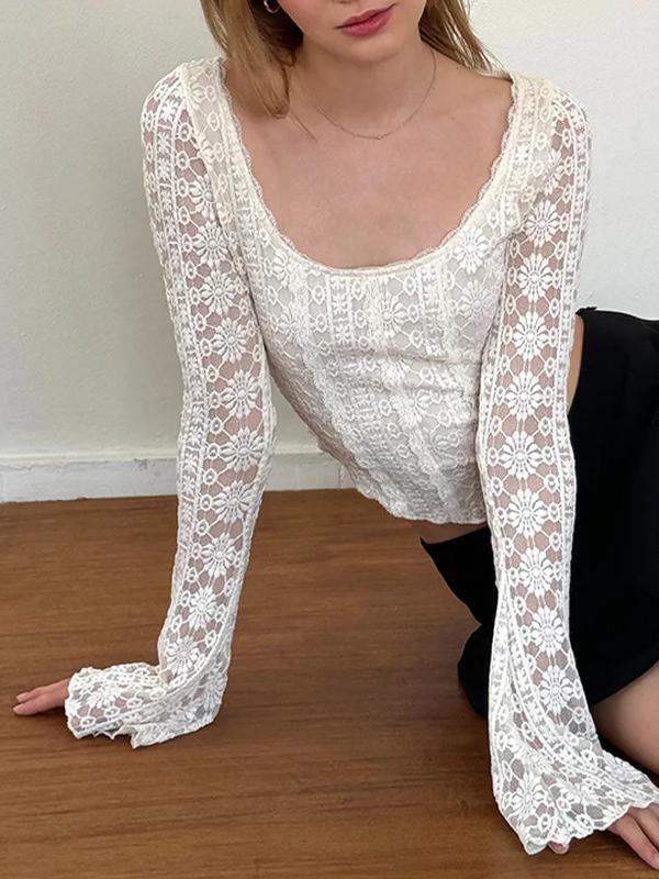 Solid Color Lace Long Sleeve Tee Product Image