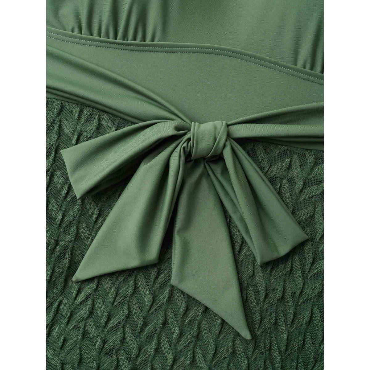Plus Size Frill Trim Belted Fit Flare Swim Dress Women's Swimwear Moss Beach Bodycon Heart neckline High stretch Curve Swim Dresses BloomChic 12/L Product Image